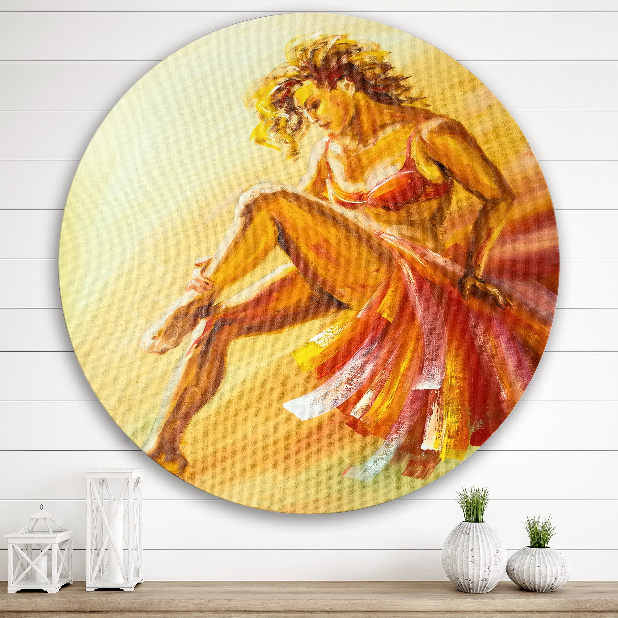 Designart 'Warm Coloured Flamenco Woman Dancer' Modern Circle Metal Wall Art 36x36 - Disc of 36