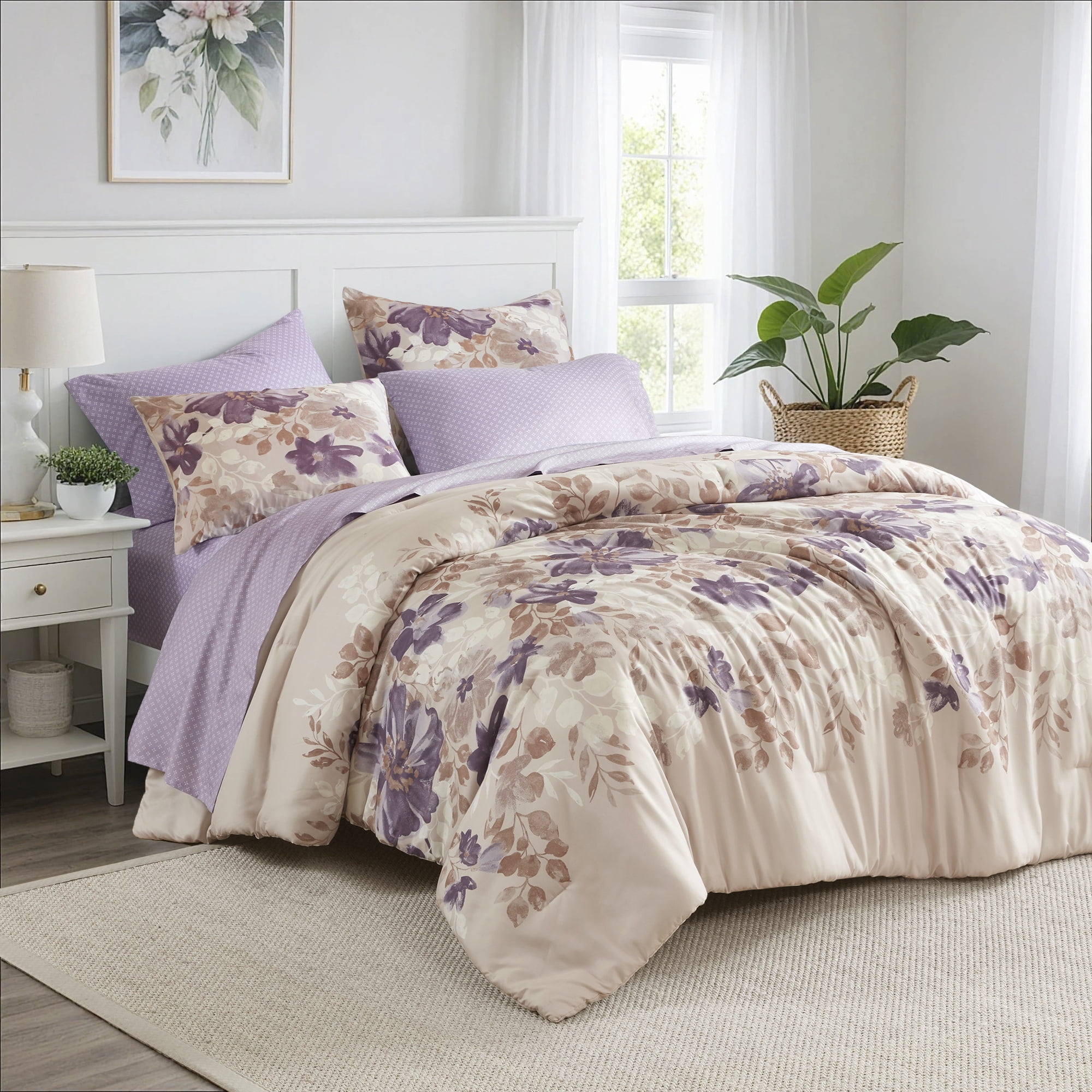 Regency Heights Queen Comforter Set with Sheets, Soft Brushed Bed in A Bag with Diamond Printed Bed Sheet Set, 7 Piece Bedding Sets with Flat Sheet and Fitted Sheet, Taupe