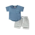 thumbnail image 2 of Toddler Baby Boy Summer Clothes Short Sleeve Striped Pocket Tshirt Top Solid Shorts Set Casual Outfits, 2 of 9
