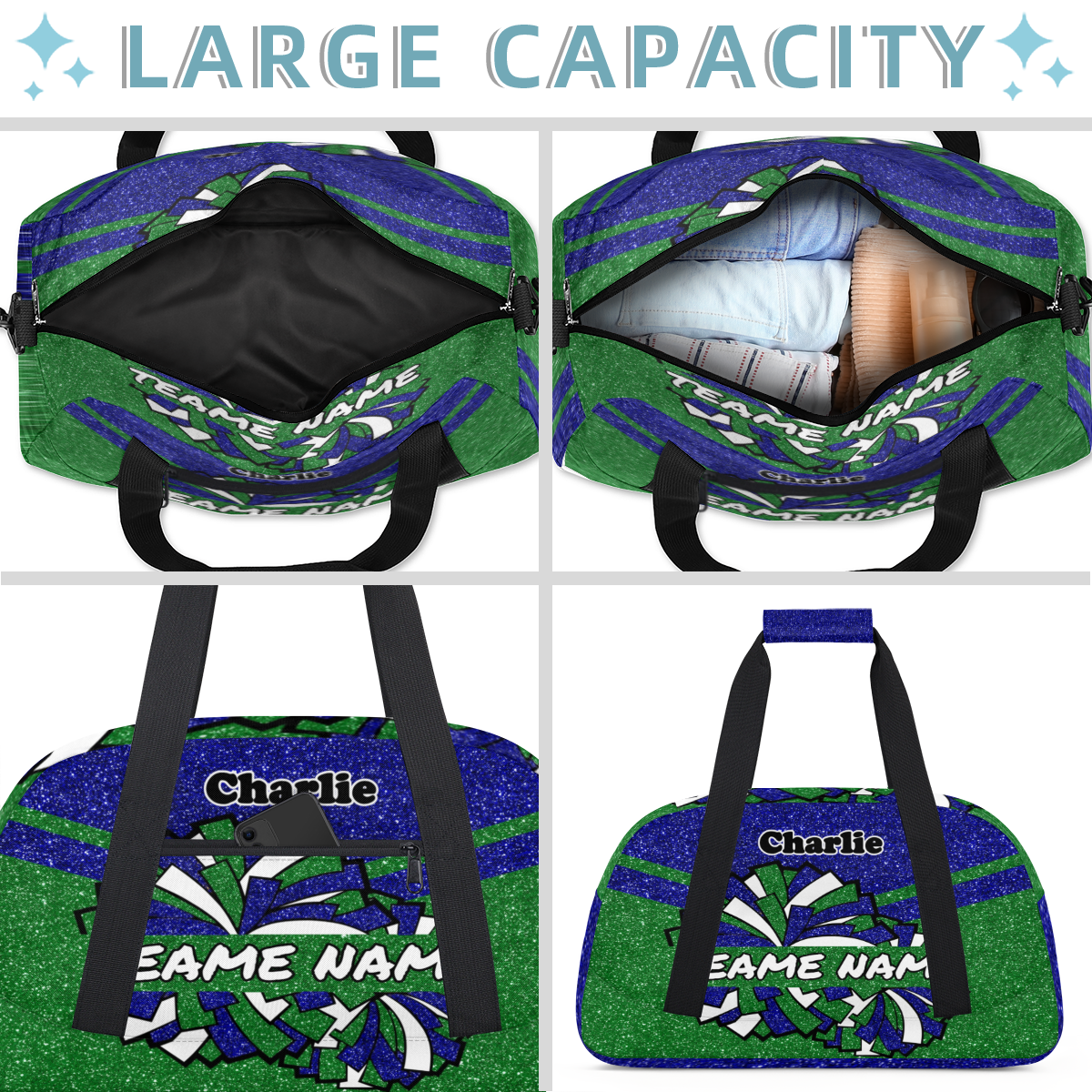 Personalized Cheerleader Bag Dance Bag for Girls, Custom Team Bag Gym Bag Sport Duffel Bag, Weekender Bags Travel Bag for Cheer Team Glitter Blue Green
