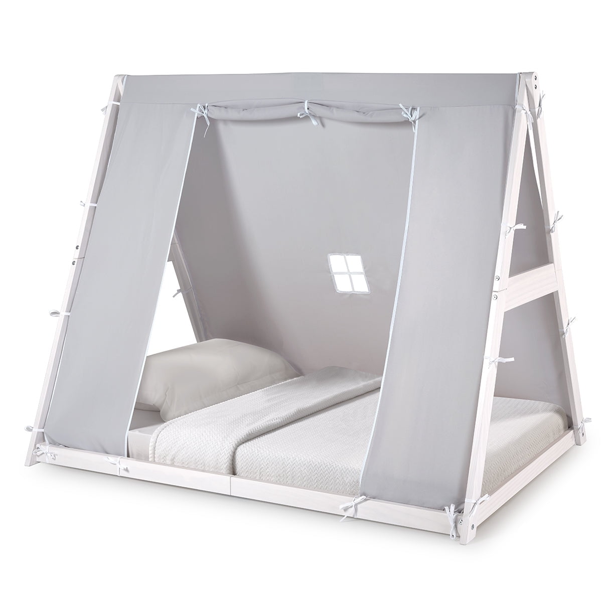P'kolino Kids Tent Floor Bed - Twin, FSC Certified Wood, Washable Tent, White/Grey