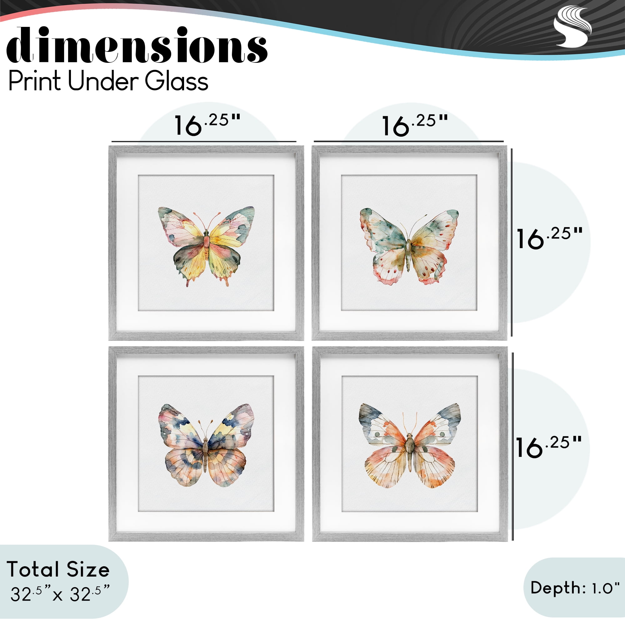 Stupell Industries Watercolor Butterfly Forms 4 Piece Gray Framed Print Under Glass Set, design by Kim Allen