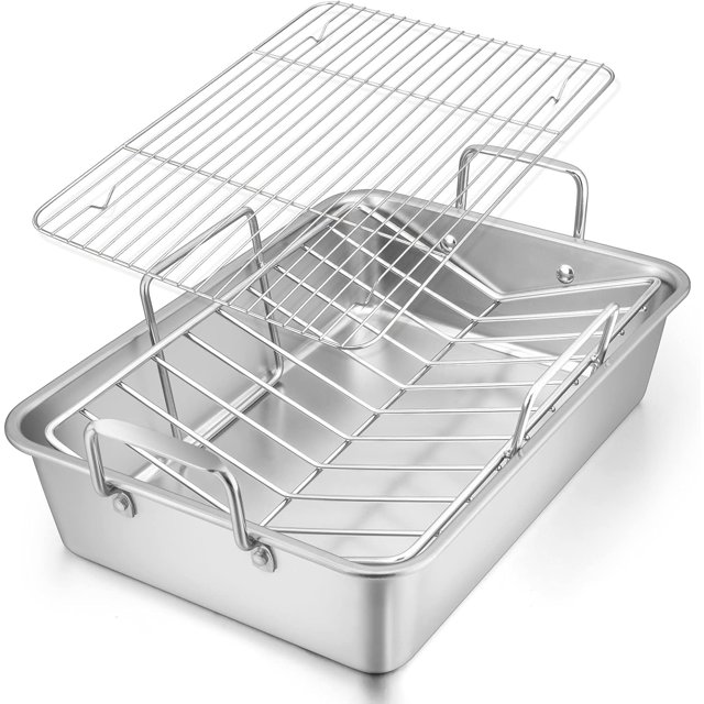 Roasting Pan . Stainless steel Turkey Roaster with Rack Include Deep Lasagna Pan & V-shaped Rack & Roasting Rack & Heavy Duty Easy Clean & Dishwasher - Rectangular