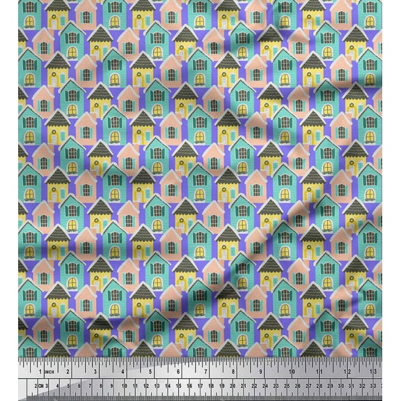 Soimoi Purple Cotton Duck Fabric House Architectural Print Fabric by the Yard 42 Inch Wide