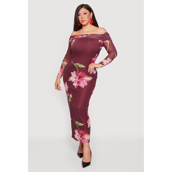 Women's Plus Size Floral Long Sleeve Mesh Off The Shoulder Dress
