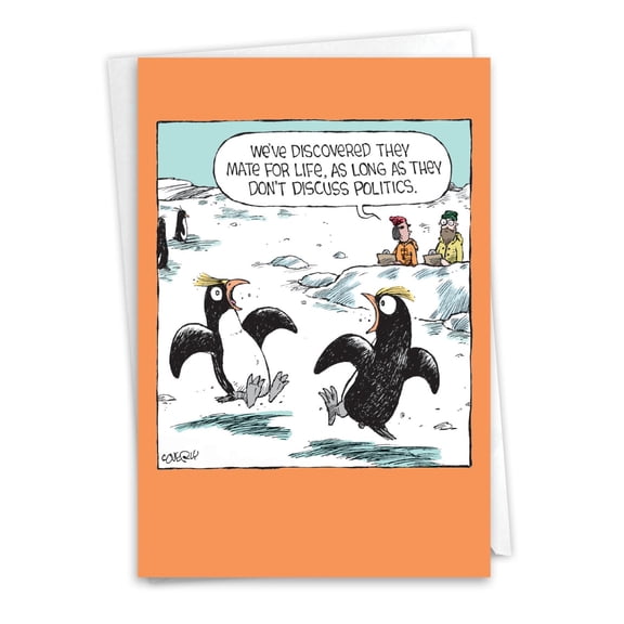 NobleWorks Funny Anniversary Greeting Card with 5 x 7 Inch Envelope (1 Card) Couple, Husband, Wife, Parents Anniversary Congratulations Penguin Politics C10876ANG