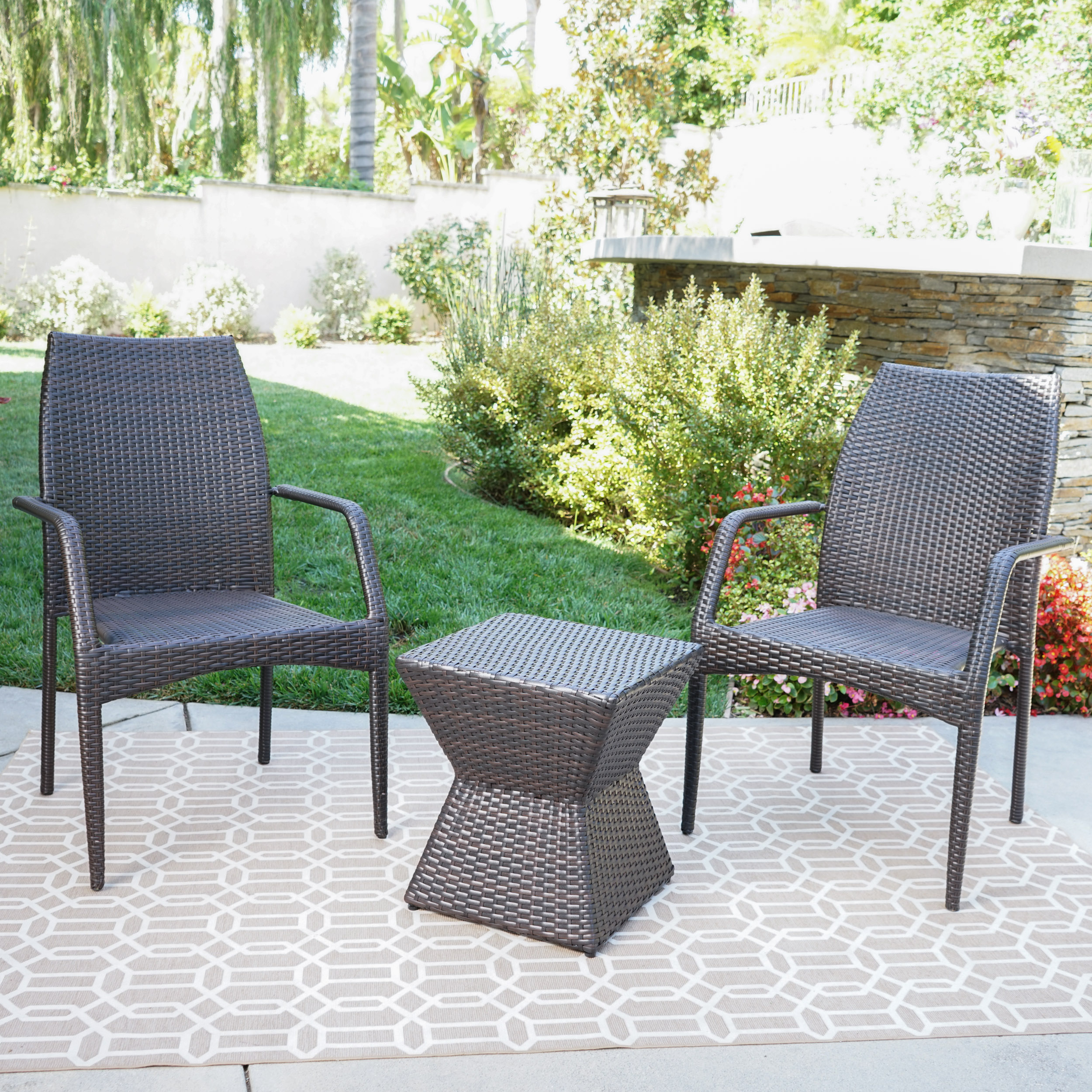 Ruby Outdoor 3 Piece Wicker Chat Set with Stacking Chairs and Square Side Table, Multibrown - image 5 of 9