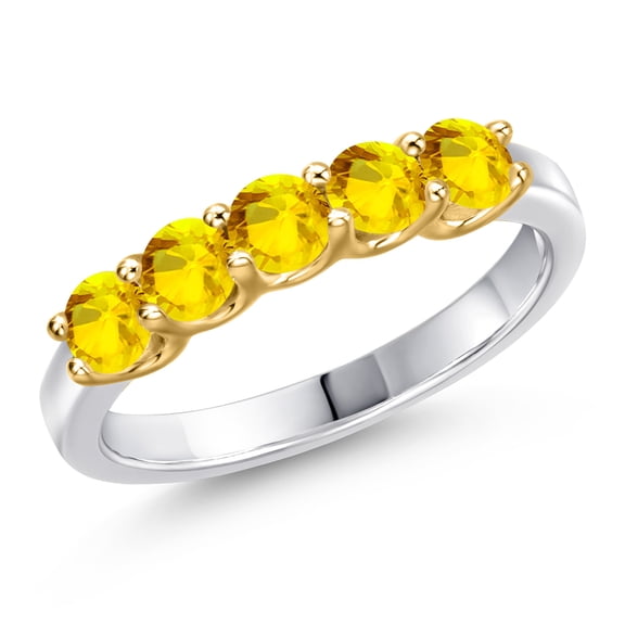 Gem Stone King 10K Two Tone Gold Yellow Sapphire Wedding-Bands Ring for Women | 0.80 Cttw | Round 3.5MM | Gemstone September Birthstone | Size 5