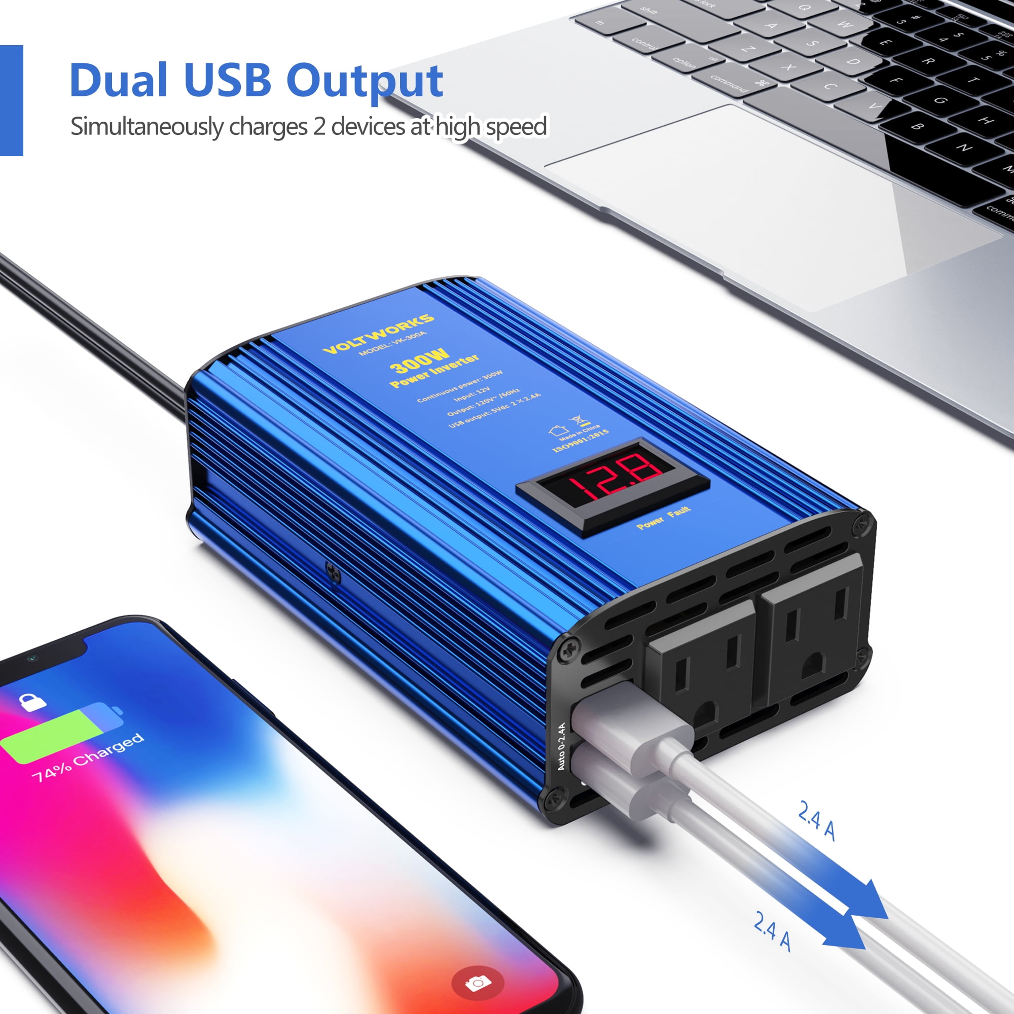 VOLTWORKS 300 Watt Car Power Inverter DC 12V to AC 110V with 4.2A Dual Smart USB Ports Car Adapter