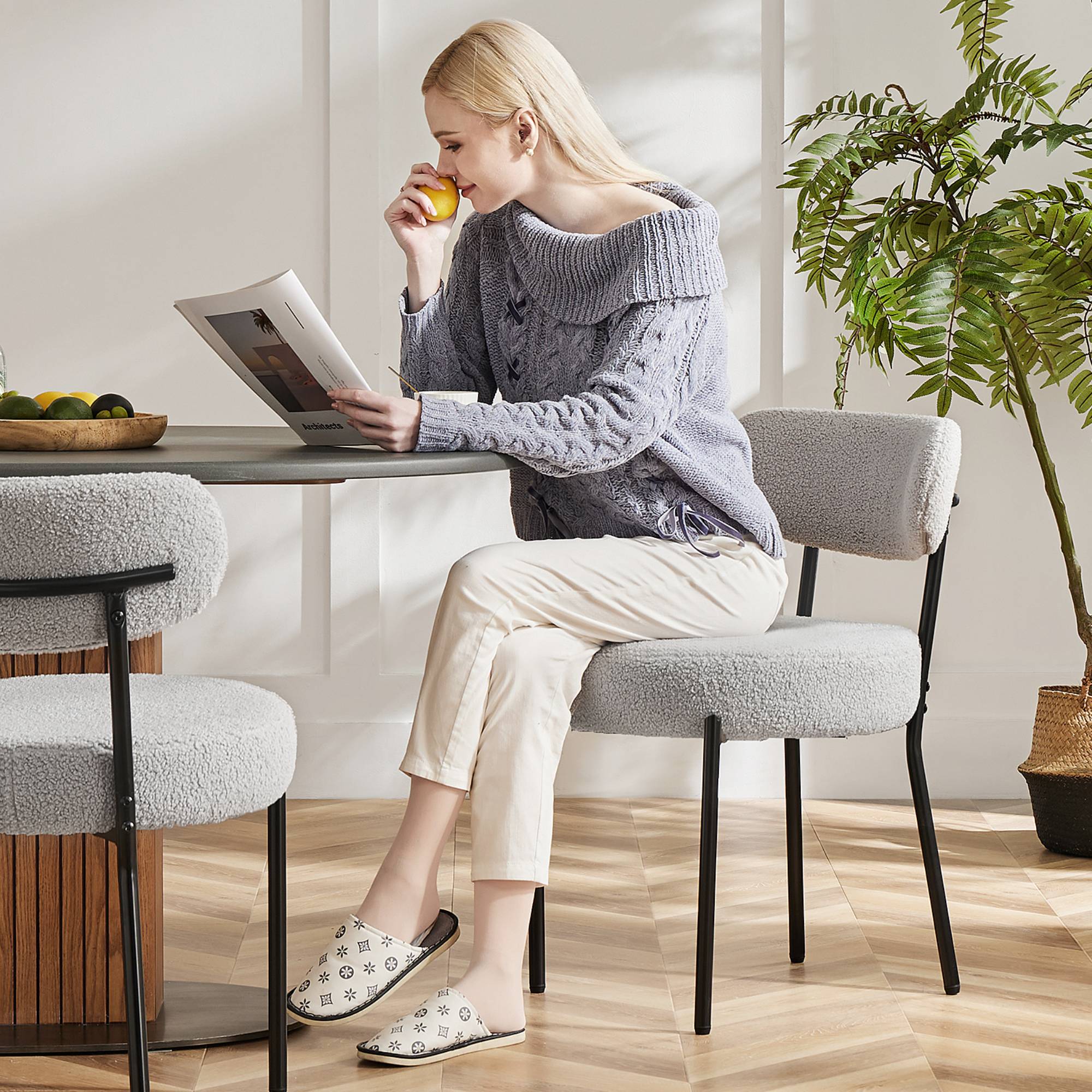 TrumanPick Boucle Dining Chairs Set of 2 Modern Upholstered Kitchen Chairs Dining Room Round&nbsp;Seat for Kitchen Island, Grey