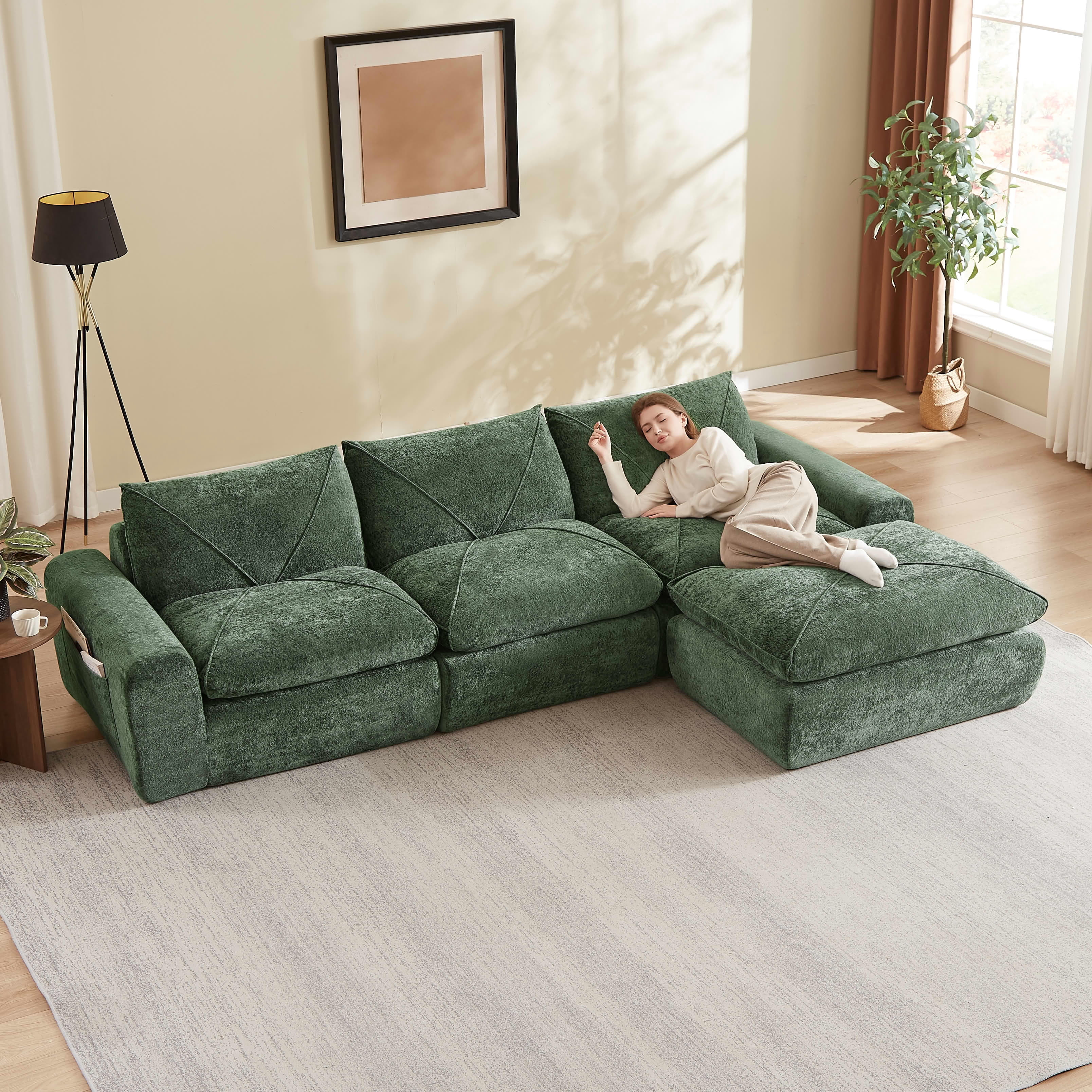 MAYEERTY 119" Green Chenille L-Shaped Modular Sectional Sofa, Spring Support for Living Room Apartment