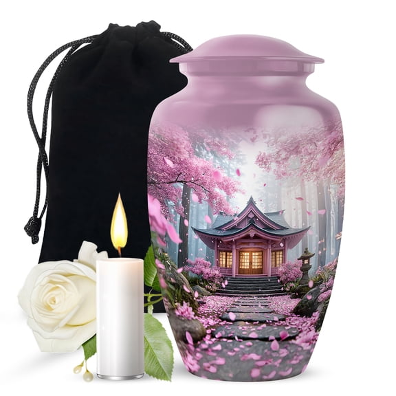 JAGASY Cherry Blossom Urn for Ashes Adult Male, Pink Large Urns For Human Ashes for Women, Pink Petals Decorative Urns for Siblings, Forest Trees Cremation Urn for Sister & Brother, (10 Inch)