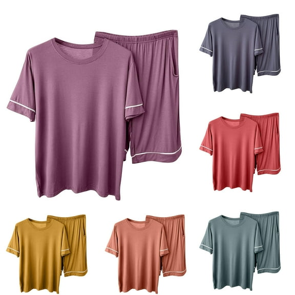 Bovxnpu Womens Plus Size Pajama Sets, 2 Piece Loungewear For Women, Women's Solid Color Short Sleeved And Ahorts Two Piece Home Pajama Sets XXL