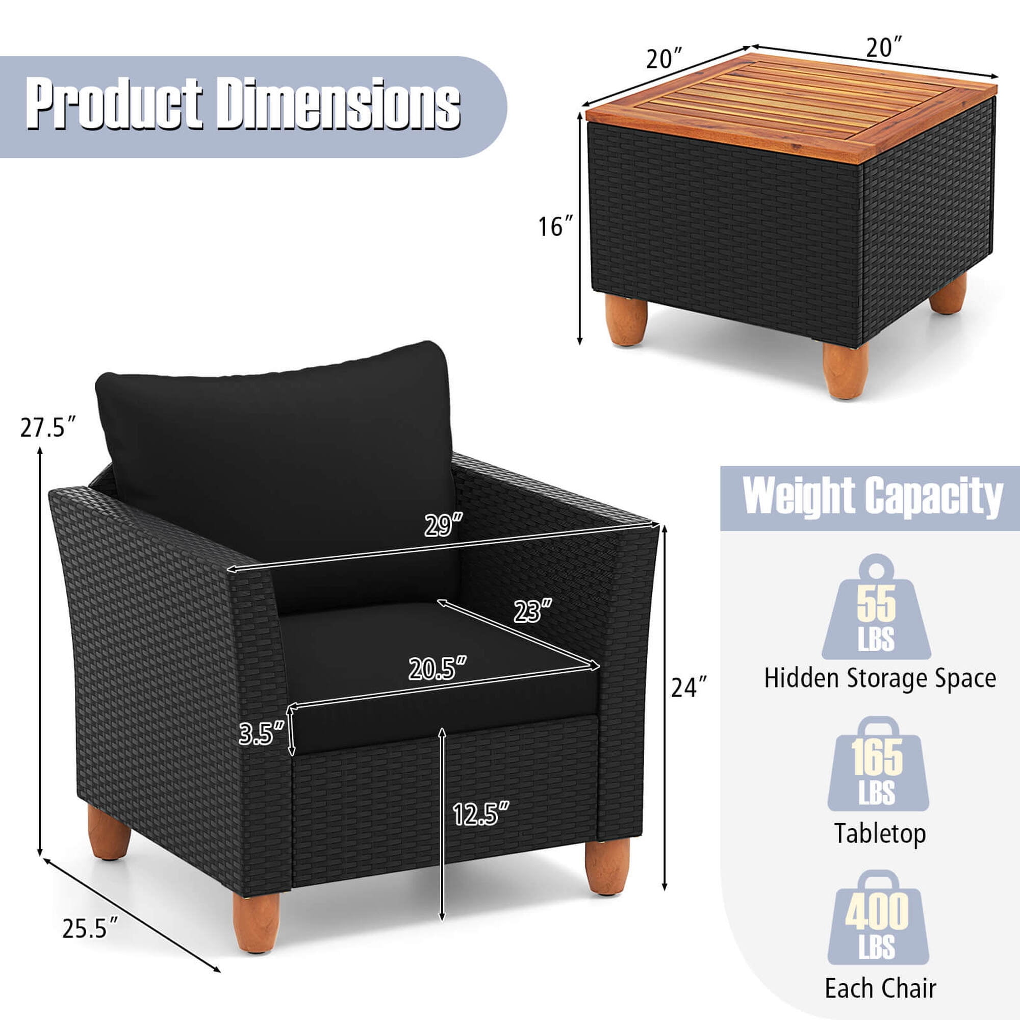 Costway 3PCS Outdoor Patio Rattan Furniture Set Wooden Table Top Cushioned Sofa Black