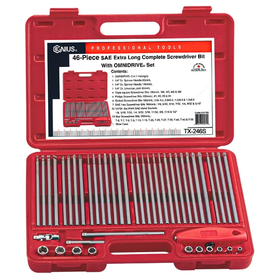 Genius Tools 46 Piece SAE Long Screwdriver Bit With OMNIDRIVE® Set - TX-246S