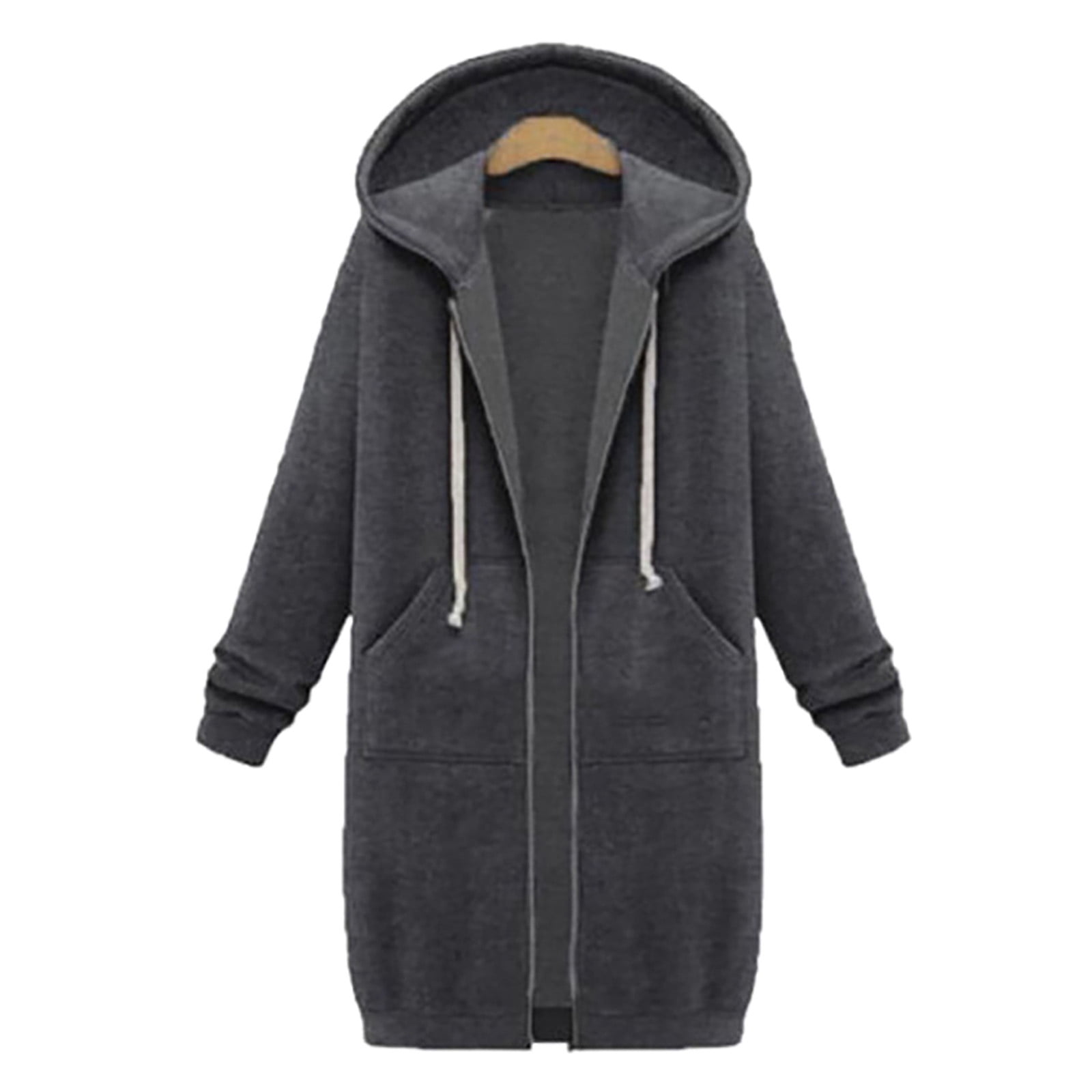 Scyoekwg Long Coats for Women Overcoat Long Sleeve Hooded Neck Coat Solid Color Casual Jacket Plus Fleece Insert Pocket Hooded Zipper Mid Length Sweater Dark Gray S