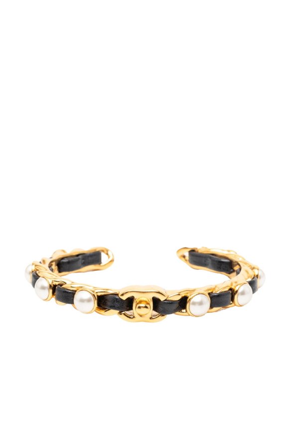Pre-Owned Chanel Coco Mark Turnlock Pearl Bangle, Size M, Gold and Black Plated Leather,...