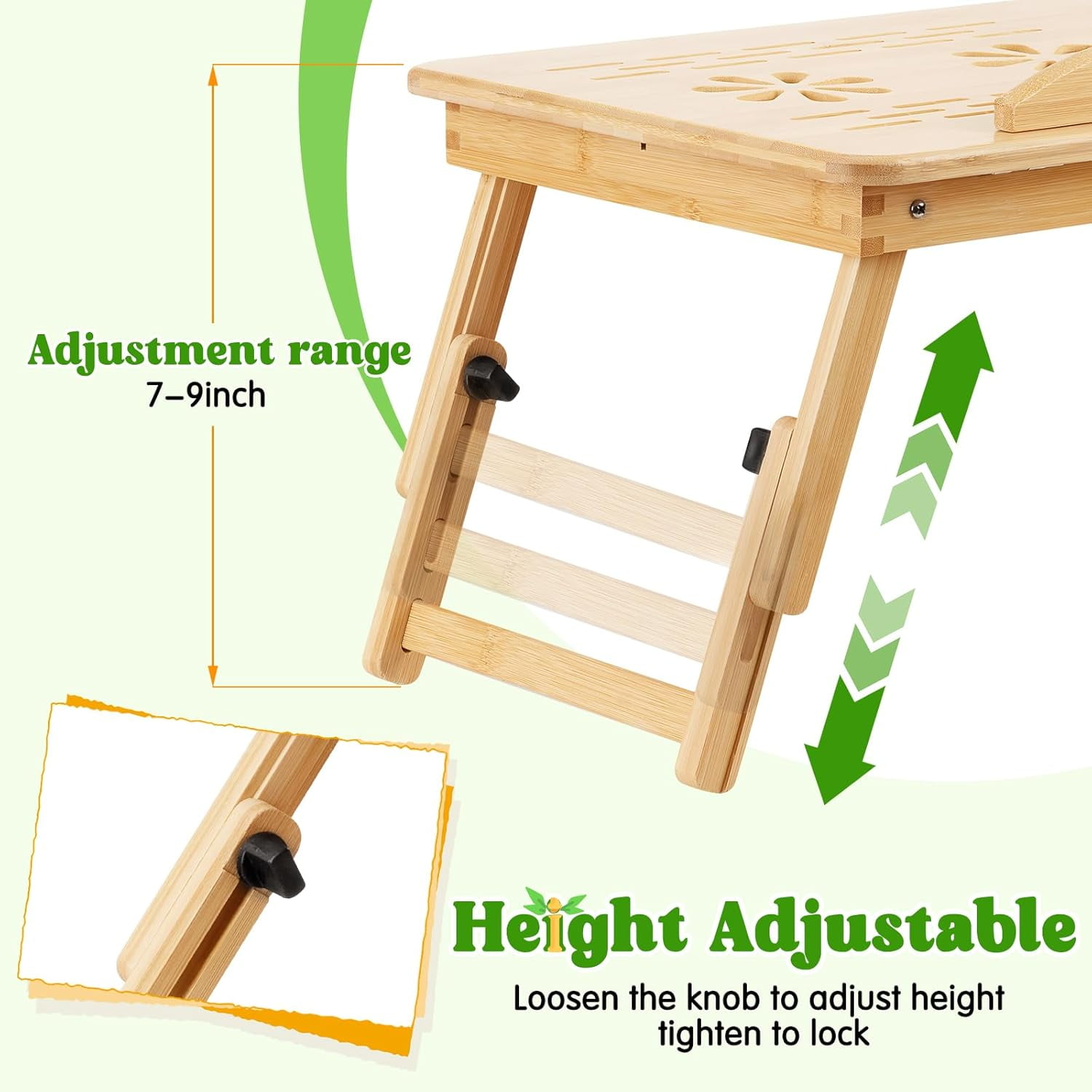 Bamboo Laptop Desk, Adjustable Foldable Bed Tray Table for Bed, Sofa, and Floor, Portable Lap Desk with Tilting Top & Drawer for Writing, Reading, Breakfast, Drawing, and Working