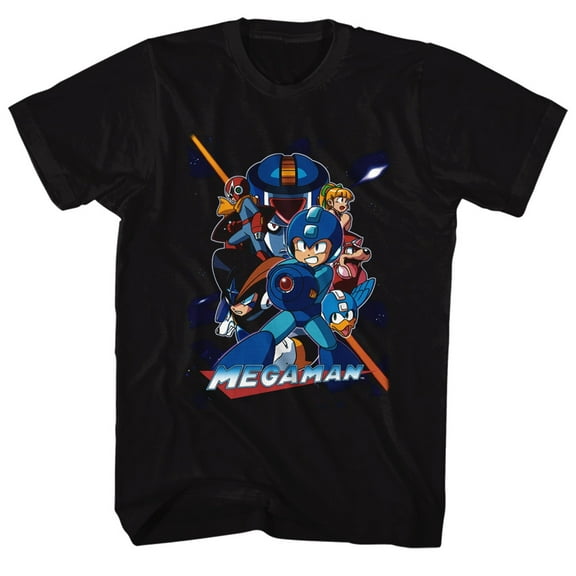 Mega Man Collage Orange Beam Black Adult T-Shirt