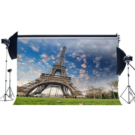 Image of ABPHOTO Polyester 7x5ft Eiffel Tower Backdrop Spring Trees Green Grass Meadow Blue Sky White Cloud Nature Romantic Wallpaper Photography Background for Girls Lover Wedding Journey Photo Studio Props