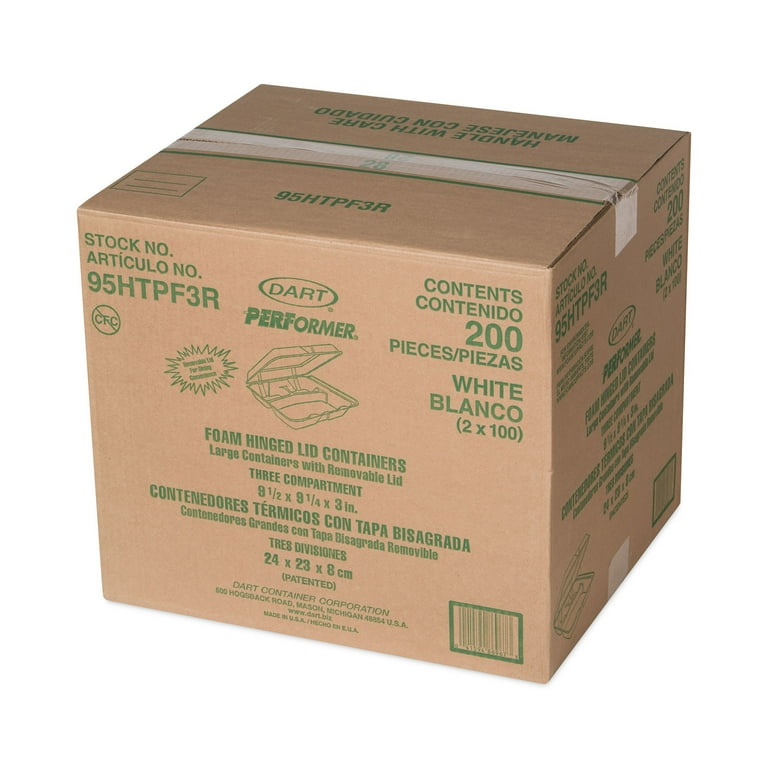 Foam Hinged Lid Container, 3-Compartment, 9.3 x 9.5 x 3, White, 100/Bag, 2 Bag/Carton Foam Hinged Lid Container, 3-Compartment, 9.3 x 9.5 x 3, White, 100/Bag, 2 Bag/Carton