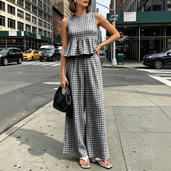 Karymi Womens Workout Tops 2-Piece Gingham Outfit, Sleeveless Round Neck Peplum Top High Waist Wide Leg Pants with Pockets, Summer Casual Set Blouses for Women Dressy Casual