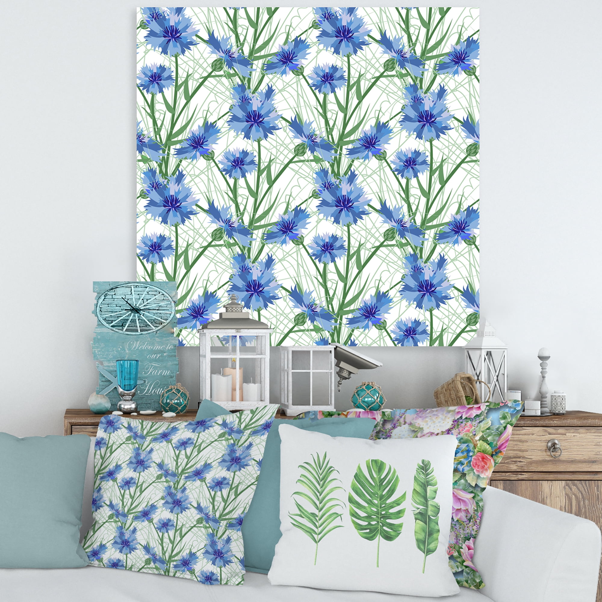 Designart ' Blue Cornflowers With Green Leaves On White I ' Traditional Canvas Wall Art Print