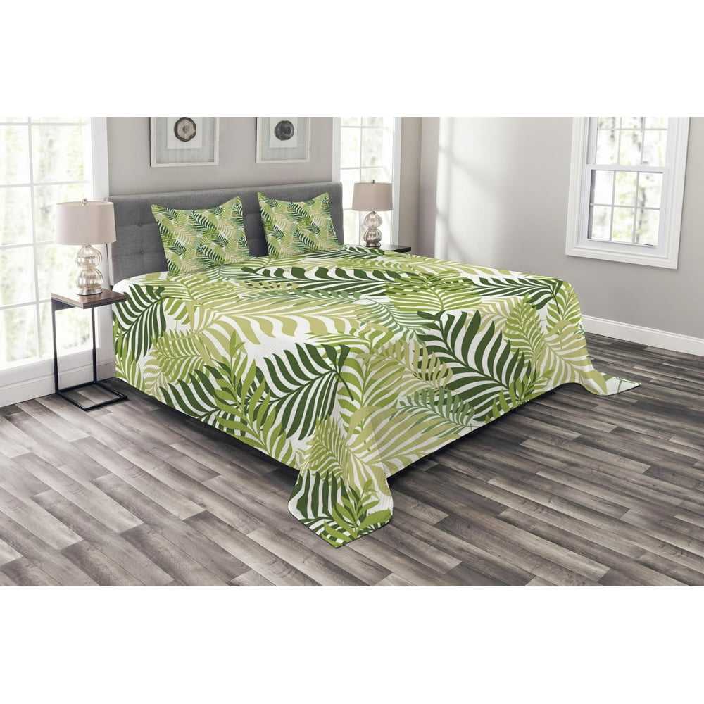 Leaf Bedspread Set King Size, Tropic Exotic Palm Tree Leaves Natural