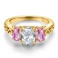 thumbnail image 3 of Gem Stone King 18K Yellow Gold Plated Silver White Topaz and Pink Sapphire Filigree Style 3 Stone Ring for Women (2.70 Cttw, Oval 8X6MM and 6X4MM) (Size 9), 3 of 6