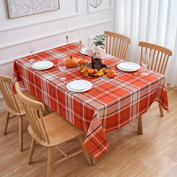 Orange Fall Plaid Tablecloth Thanksgiving 60"x120" Rectangle/Oblong Table Cloth - Autumn Harvest Buffalo Plaid Polyester Table Cover Reusable Water Resistant for Outdoor Holiday Party Picnic