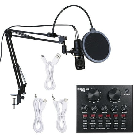 Multifunctional Live Sound Card & BM800 Suspension Microphone Kit Broadcasting Recording Condenser Microphone Set Intelligent Adjustable Audio Mixer Sound Card for Computer PC Live Sound