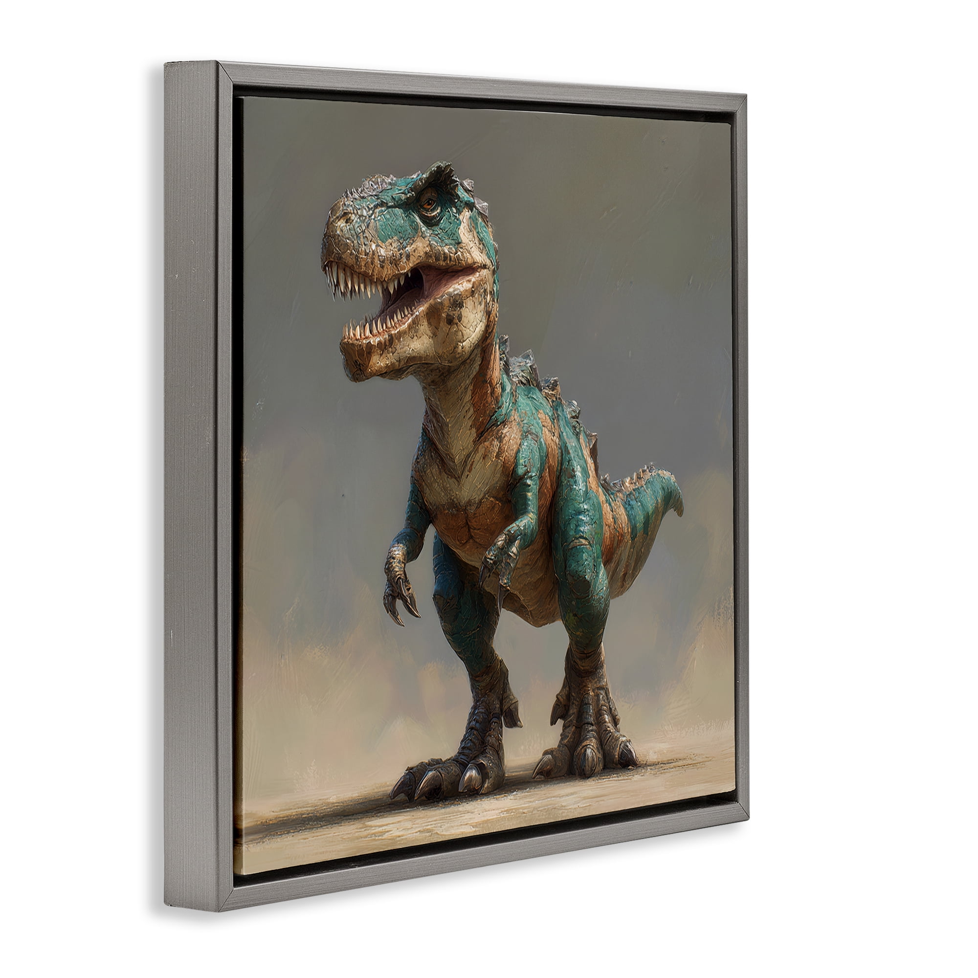 Stupell Industries Turquoise T-Rex Study Gray Framed Floater Canvas Wall Art, design by Wumples
