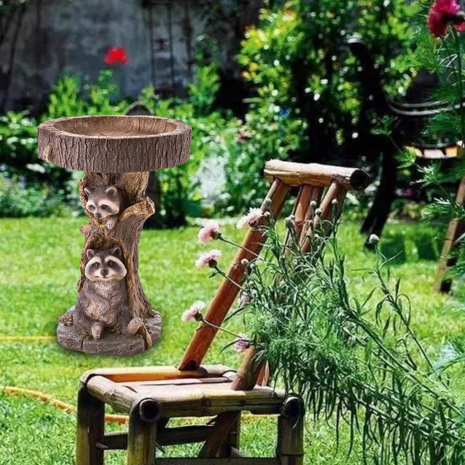 Colaxi Garden Bird Bath Bowl Raccoon Statue Figurine Feeding Station Landscape Lawn Resin Feeder Animal Sculpture for Courtyard Deck