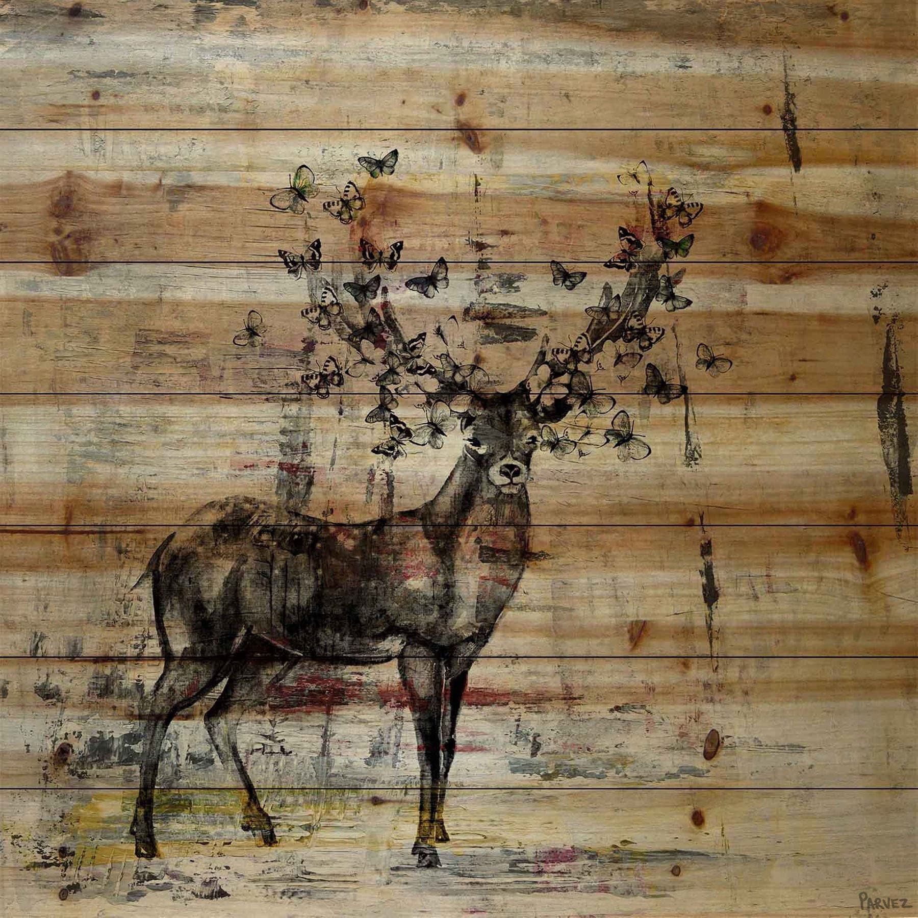 "Butterfly Antlers" Painting Print on Natural Pine Wood