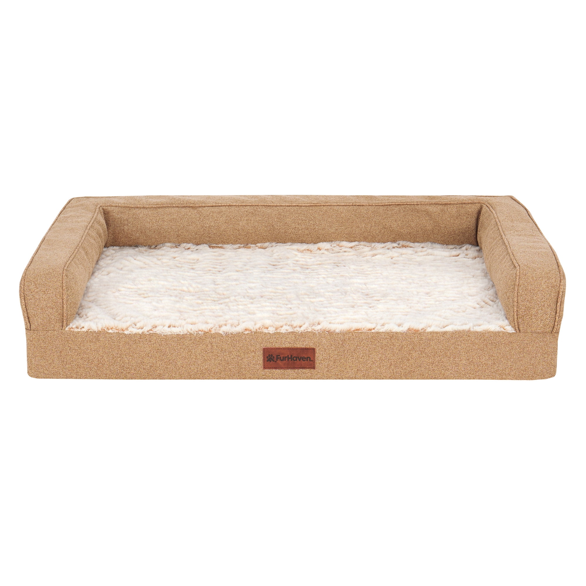 FurHaven Birch Faux Fur & Soft Faux Linen Modern Orthopedic Sofa Pet Bed, Nutmeg, Medium