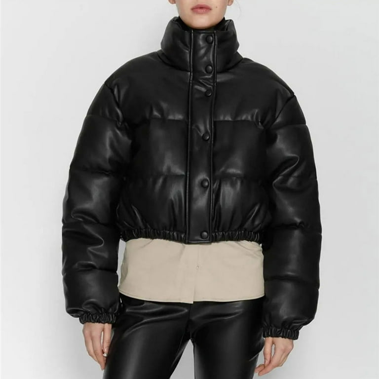 Hfyihgf Women's Faux Leather Puffer Jacket Zip up Padded Winter