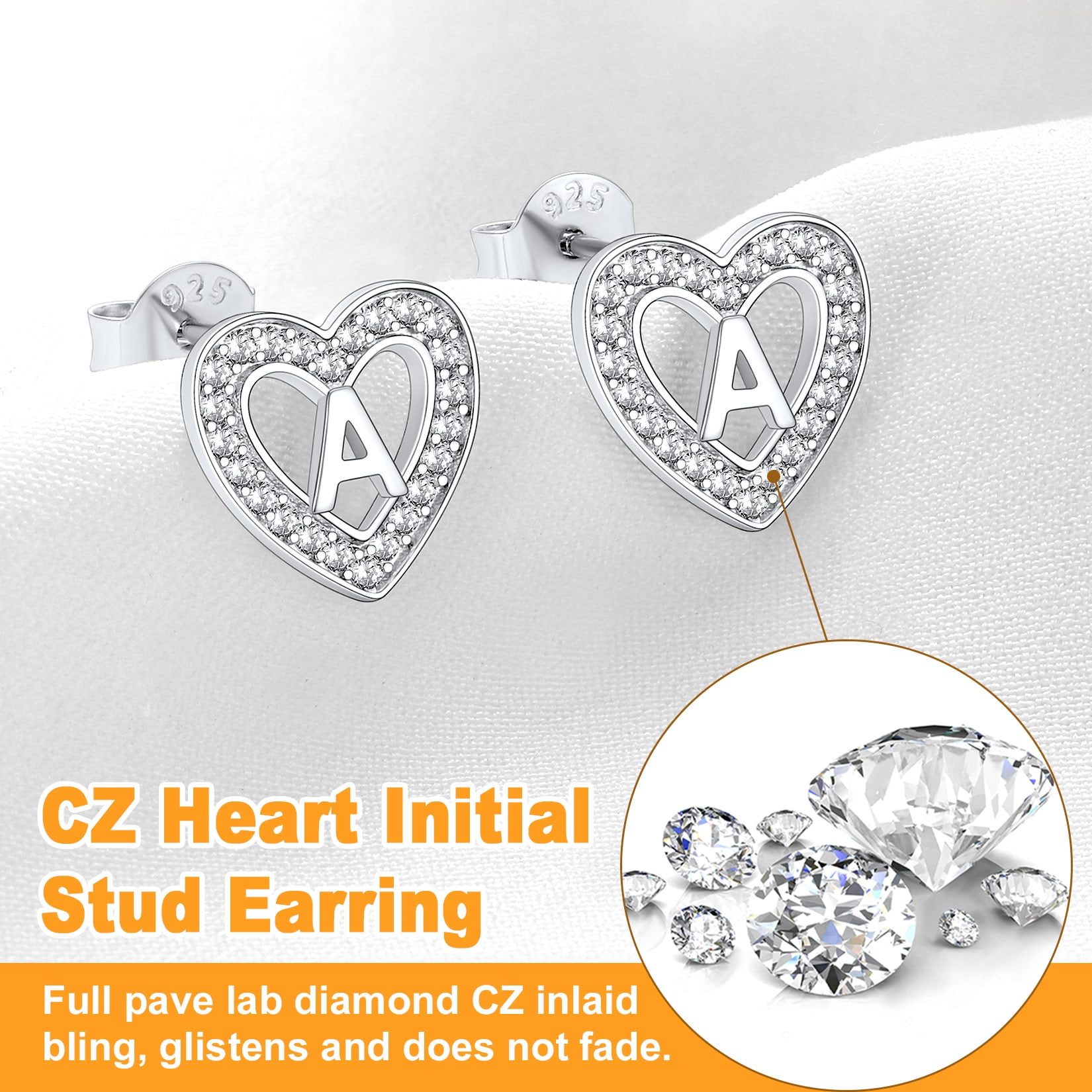 U7 Heart Initial Earrings Hypoallergenic 925 Sterling Silver Stud Earrings CZ Letter Earring for Women Birthday Jewelry Gift, Letter A