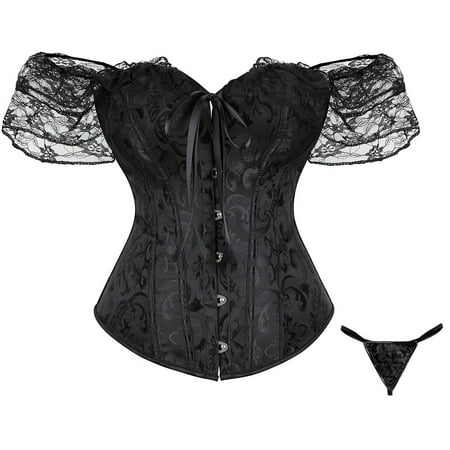 TrdSipl Corset Lingerie for Women Satin Boned Lace Up Renaissance Corset Cute Floral Trim Tummy Control Shapewear Plus Size Costume Black 5XL