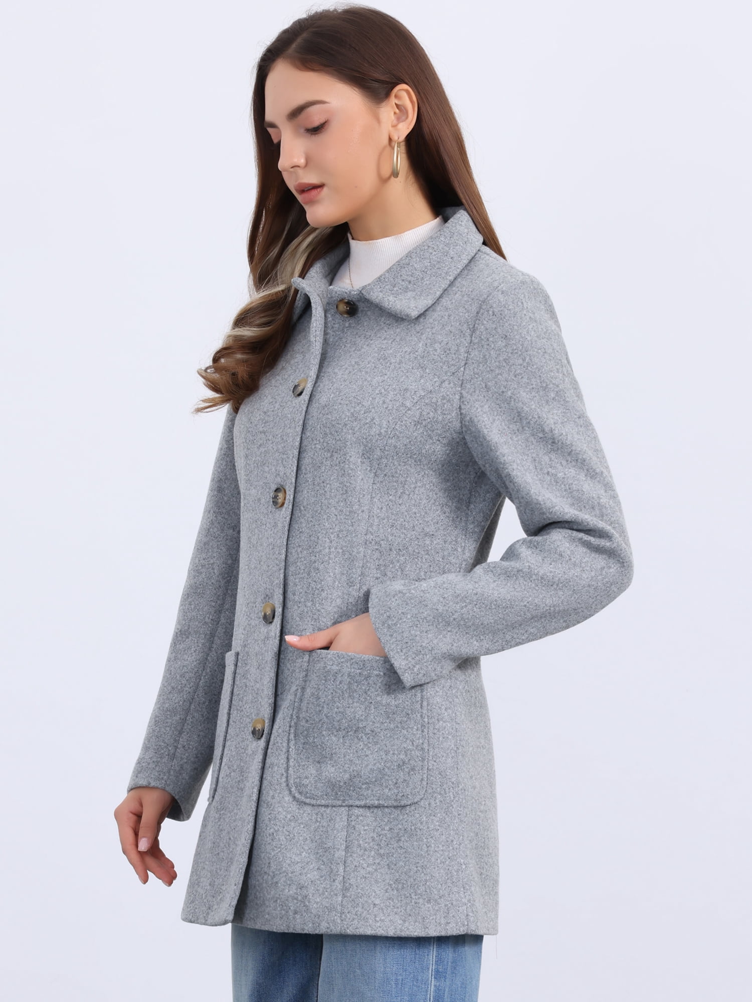 DARING DIVA Women's Winter Overcoat Mid-Long Notch Lapel Peacoat with Pockets M Light Gray