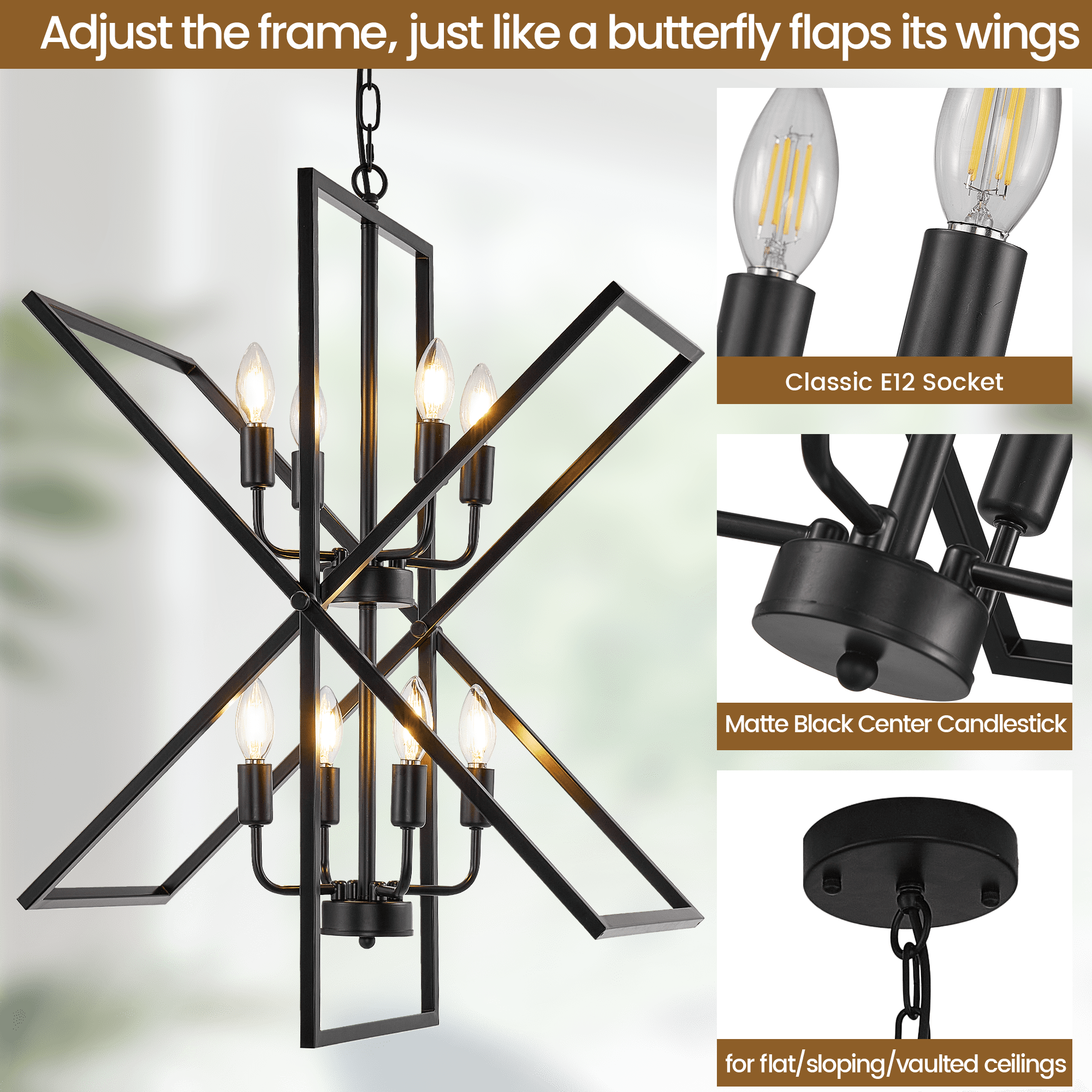 bokifol Black Chandelier,8-Light Farmhouse Chandeliers for Dining Room,Modern Rectangle Kitchen Island Lighting,Dining Room Light Fixtures Over Table