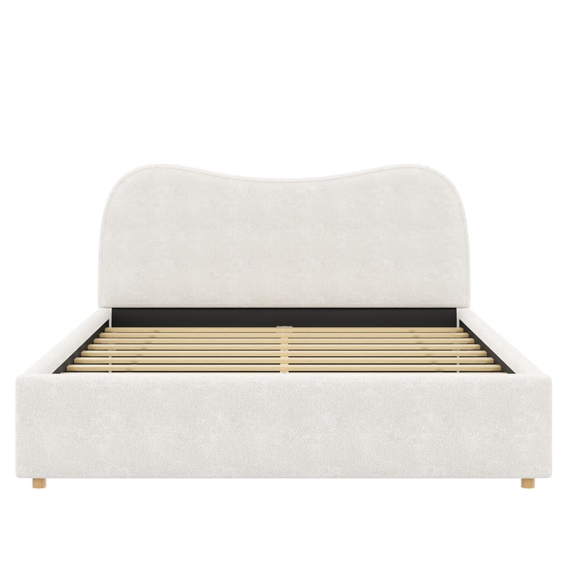 Queen Size Boucle Upholstered Platform Bed with Wooden Slats, Short Legs Low-Profile Bed Frame with Curved Headboard