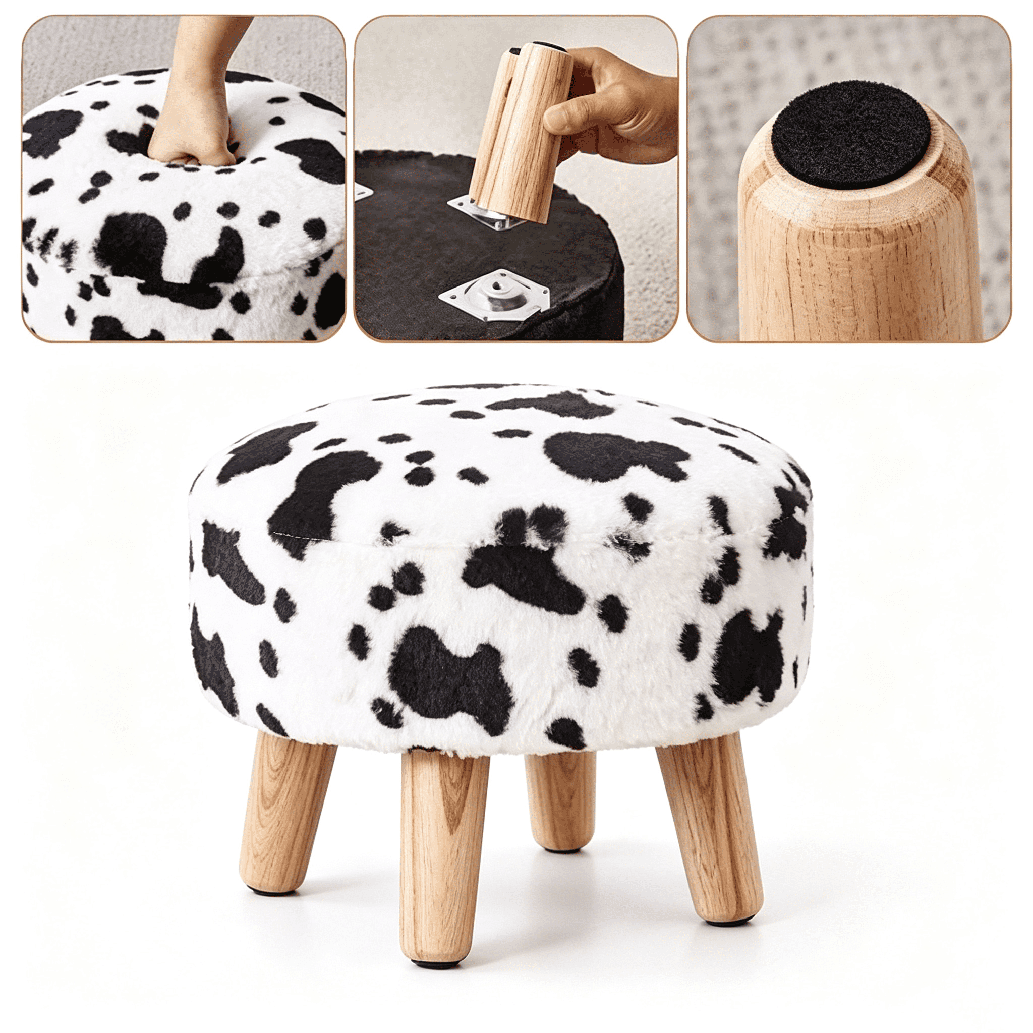 Round Mushroom Footstool Ottoman, Rabbit Wool Upholstered Small Stool with Solid Wood Legs, Cute Shoe Changing Stool, Step Stool, Sofa Footrest for Living Room & Bedroom Cow
