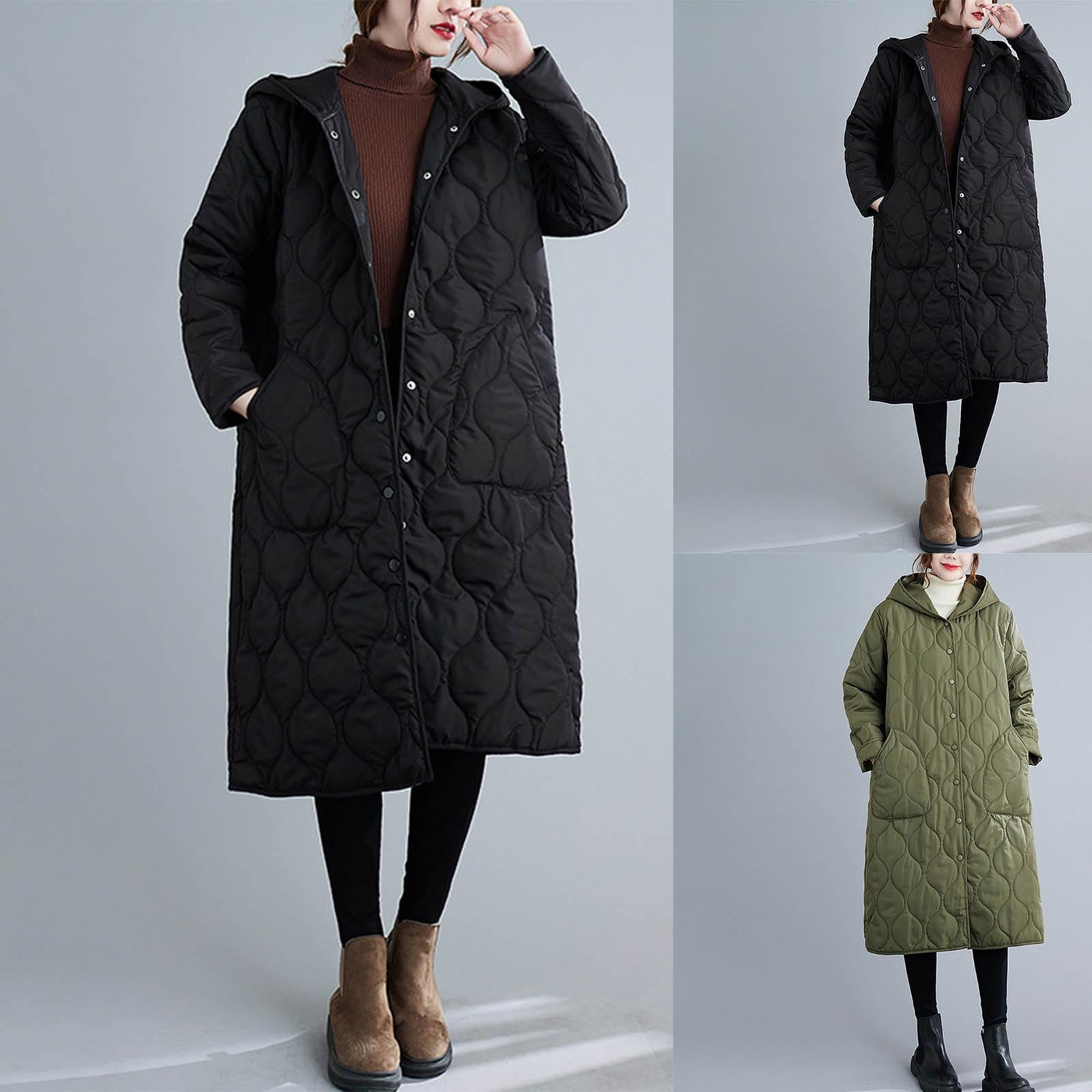UPPADA Women's Faux Fur Hooded Parka Fleece Lined Quilted Jackets Lightweight Mid Length Winter Coats Long Puffer Coats with Pockets,Puffer Jacket Womens Hooded Black,M