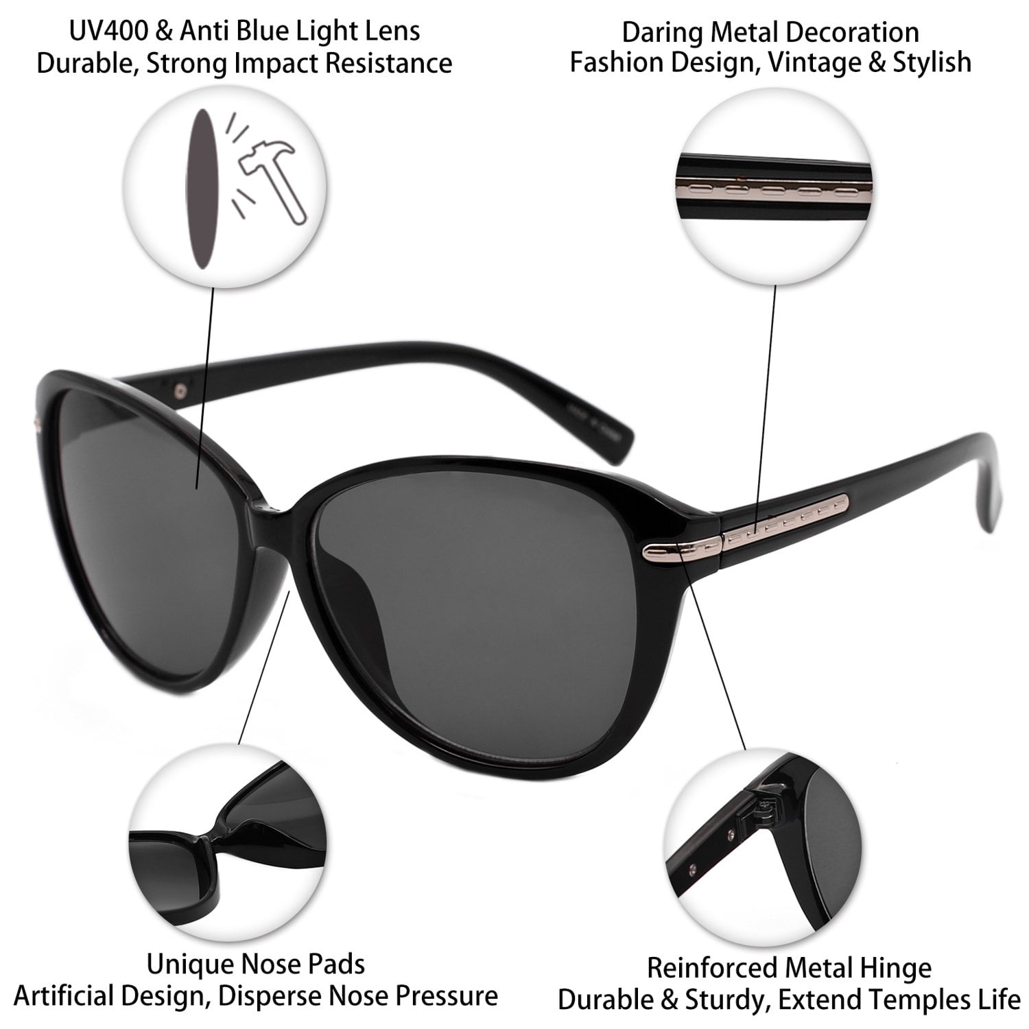 WEMOOTANTS Vintage Reading Sunglasses 1.0 for Women Black Full Sun Readers 1.00 1.25 1.50 1.75 2.00 2.25 2.50 2.75 3.00 3.50 4.00