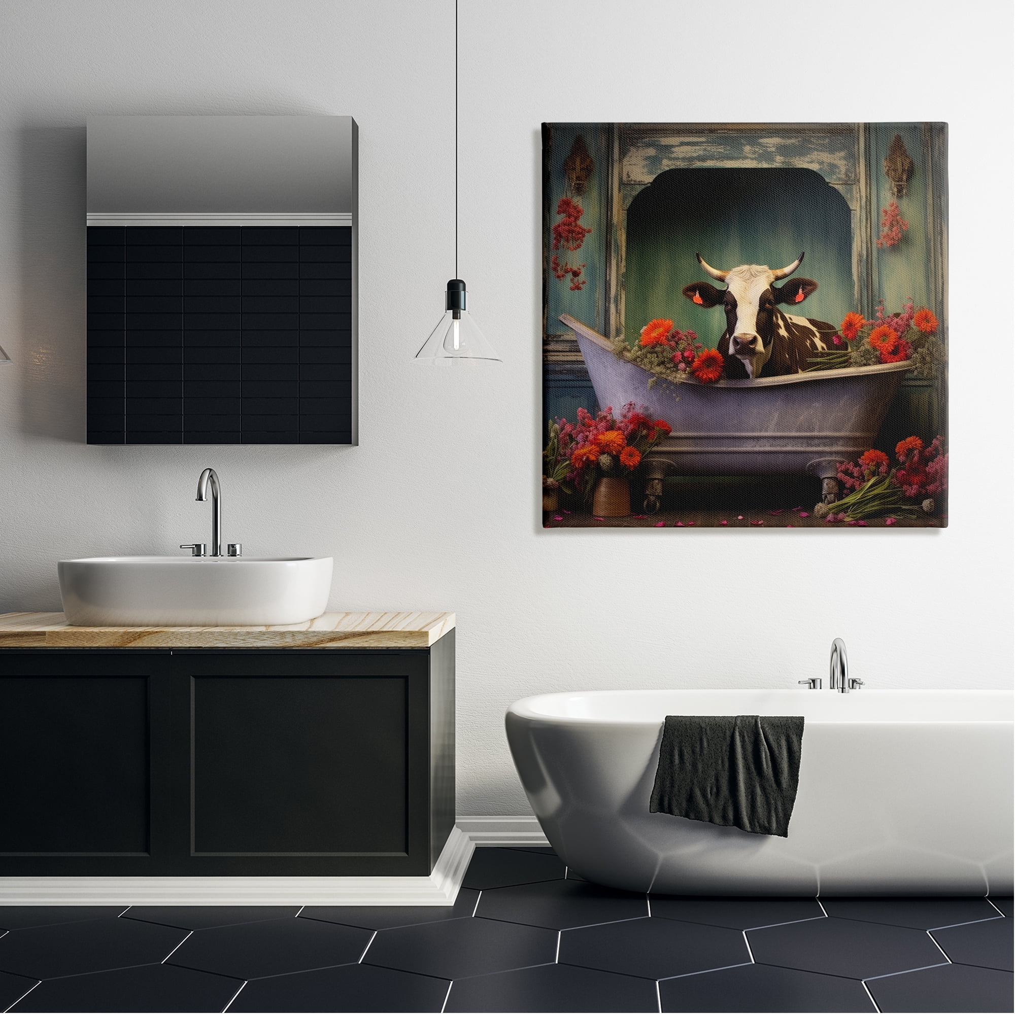 Stupell Industries Cow in Vintage Floral Tub Animals & Insects Painting Gallery Wrapped Canvas Art Print Wall Art, 36 x 36