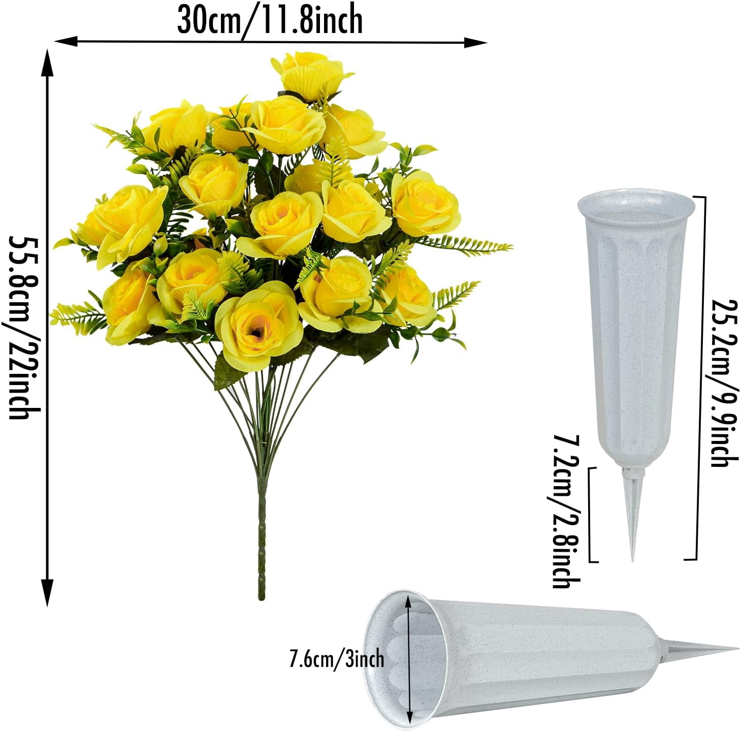 Artificial Cemetery Flowers with Vase, Set of 2 Artificial Rose Bouquet Graveyard Memorial Flowers for Cemetery Headstones Decoration (Yellow-2Pcs)