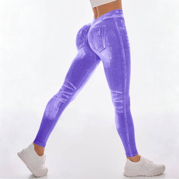 YueHuiYing Women's Denim-Style Yoga Leggings - Solid Color Skinny Fit Stretch Waistband Full-Length Pants