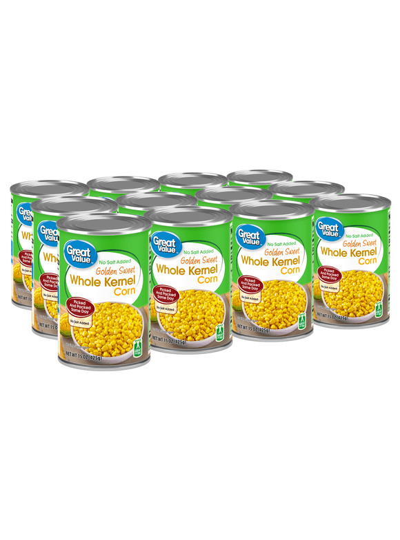 (12 Cans) Great Value No Salt Added Sweet Corn, 15 oz