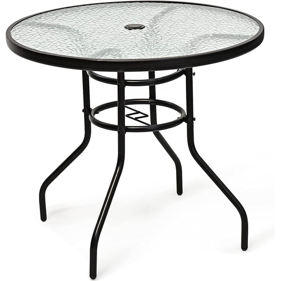 KOTEK 32'' Patio Table with Umbrella Hole, Outdoor Bistro Table w/Tempered Glass Top & Sturdy Metal Frame, Round Patio Dining Table Coffee Table for Garden, Balcony, Poolside
