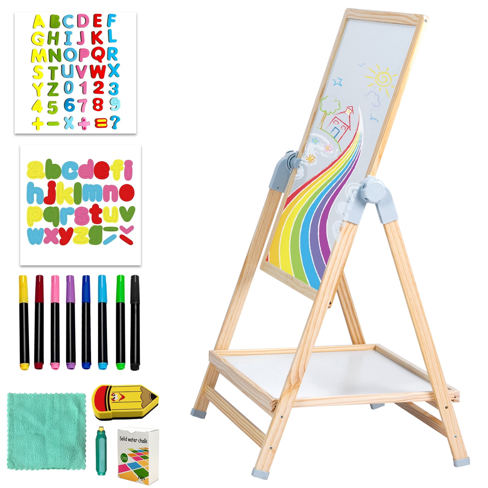 Jacgood Art Easel for Kids, Adjustable Double Side Art Drawing Standing Dry Erase & Chalkboard for Boy & Girls , Adjustable Height, Wooden Gift & Art Supplies